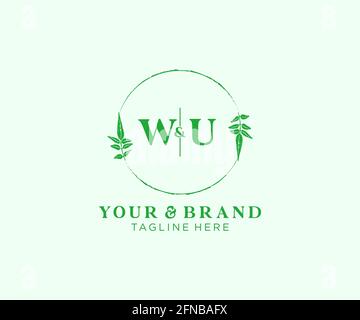WU letters floral frames. Botanical feminine editable premade monoline unique decoration for greeting card, wedding invitation. Stock Vector