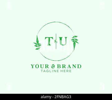 TU letters floral frames. Botanical feminine editable premade monoline unique decoration for greeting card, wedding invitation. Stock Vector