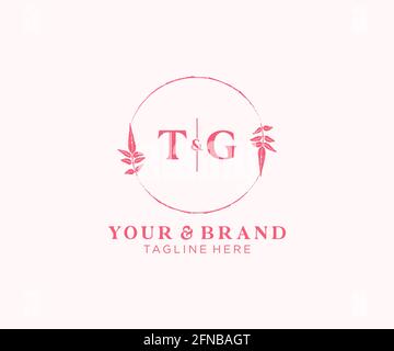 TG letters floral frames. Botanical feminine editable premade monoline unique decoration for greeting card, wedding invitation. Stock Vector