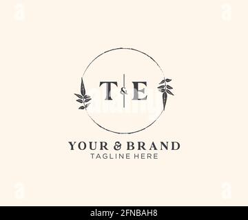 TE letters floral frames. Botanical feminine editable premade monoline unique decoration for greeting card, wedding invitation. Stock Vector