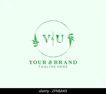VU letters floral frames. Botanical feminine editable premade monoline unique decoration for greeting card, wedding invitation. Stock Vector