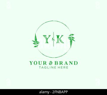 YK letters floral frames. Botanical feminine editable premade monoline unique decoration for greeting card, wedding invitation. Stock Vector
