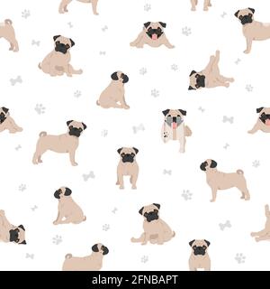 Pug seamless pattern. Different poses, coat colors set.  Vector illustration Stock Vector