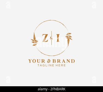 ZI letters floral frames. Botanical feminine editable premade monoline unique decoration for greeting card, wedding invitation. Stock Vector