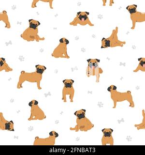 Pug seamless pattern. Different poses, coat colors set.  Vector illustration Stock Vector