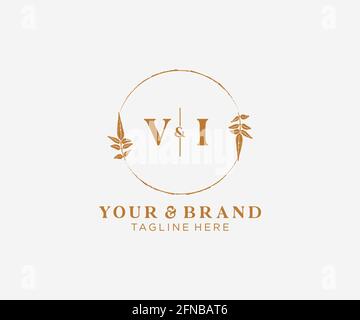 VI letters floral frames. Botanical feminine editable premade monoline unique decoration for greeting card, wedding invitation. Stock Vector