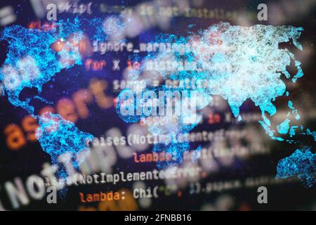 Simple website HTML code with colourful tags in browser view on dark background Stock Photo