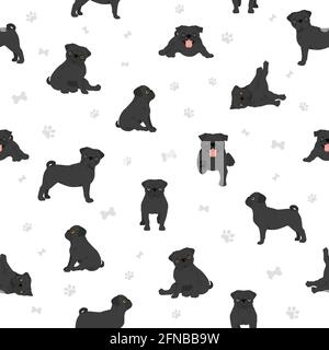 Pug seamless pattern. Different poses, coat colors set.  Vector illustration Stock Vector