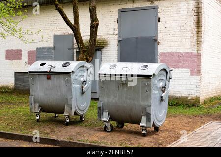 Large street trash cans in the park close up Stock Photo