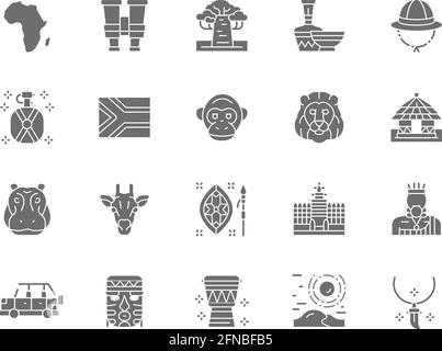 Set of Africa Grey Icons. Tooth Pendant, Binoculars, Pottery, Animals and more. Stock Vector