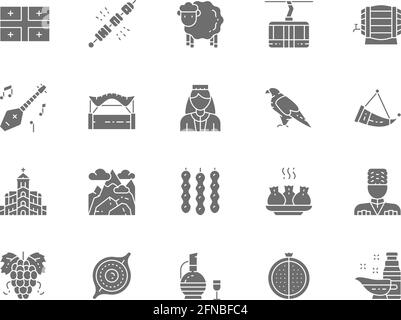 Set of Georgian Culture Grey Icons. People in Ethnic Costume, Sweets and more. Stock Vector