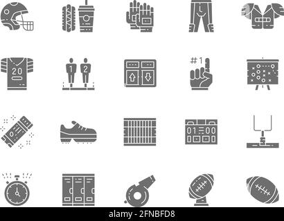 Set of American Football Grey Icons. Fast Food, Sports Uniform, Helmet and more. Stock Vector