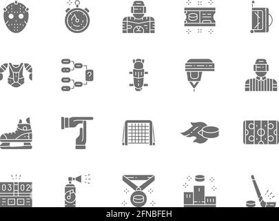 Set of Hockey Gray Icons. Puck, Stopwatch, Ticket, Referee, Pedestal and more. Stock Vector