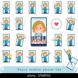A set of women in a hoodie who enjoy smartphones and online.It's vector art so easy to edit. Stock Vector