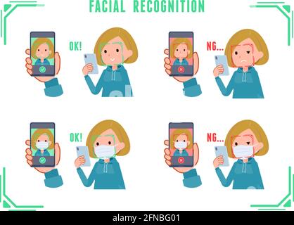 A set of women in a hoodie doing facial recognition on their phones.It's vector art so easy to edit. Stock Vector
