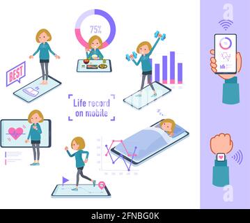 A set of women in a hoodie who manage their behavior and health on their smartphones.It's vector art so easy to edit. Stock Vector