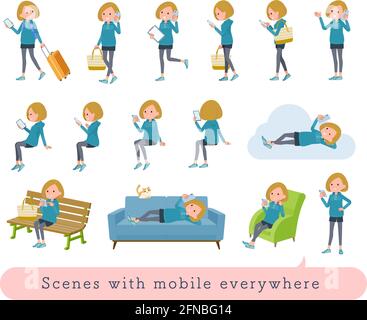 A set of women in a hoodie who uses a smartphone in various scenes.It's vector art so easy to edit. Stock Vector