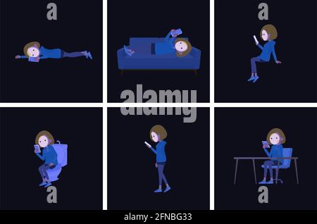 A set of women in a hoodie who use smartphones in the dark.It's vector art so easy to edit. Stock Vector