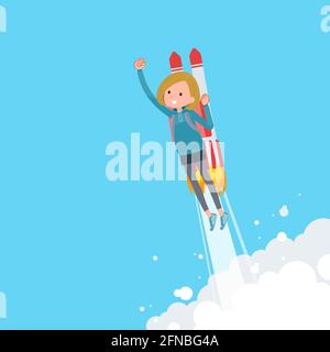 A set of women in a hoodie taking off with a rocket jet.It's vector art so easy to edit. Stock Vector