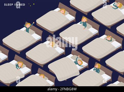 A set of women in a hoodie in various poses sleeping in bed.It's vector art so easy to edit. Stock Vector