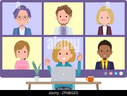 A set of women in a hoodie having an online meeting with multiple people. Front angle.It's vector art so easy to edit. Stock Vector