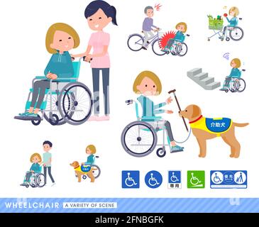 A set of women in a hoodie in a wheelchair.It depicts various situations of wheelchair users. Stock Vector