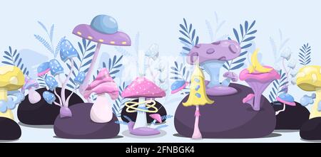 Vector magic mushrooms. Space cartoon mushrooms. Vivid illustrations of space with flying saucers, planets and stars. Square rectangular composition Stock Vector