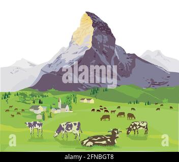 Mountain scenery with cattle on the alpine pasture Stock Vector