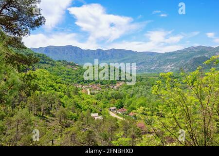 Beautiful mountain landscape with small village on sunny spring day.  Montenegro. National Park Lake Skadar Stock Photo