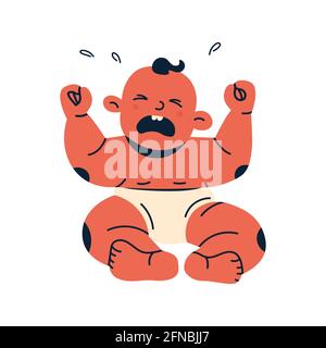 Baby is naughty and crying. The little child is screaming. Illustration of a newborn baby in a diaper isolated on a white background. Stock Vector