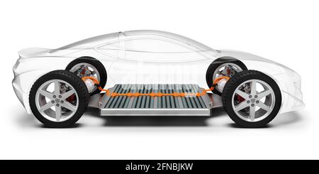 Modern electric car with battery, x-ray vehicle chassis, 3D rendering Stock Photo