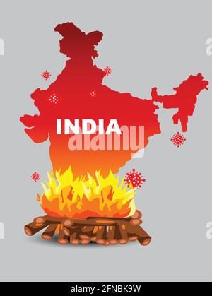 India lockdown preventing covid19, corona virus epidemic and outbreak. Lockdown concept Indian map with fire. vector illustration design Stock Vector