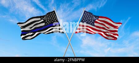 Thin Blue Line. Black Flag of USA with Police Blue Line waving in the wind on flagpole against the sky with clouds on sunny day. 3d illustration Stock Photo