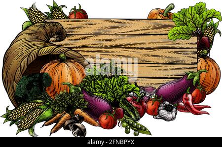 Horn of Plenty Garden Vegetable Fresh Produce Sign Stock Vector