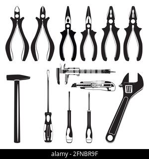 Work tool silhouettes. Wire cutters, combination pliers, wrench screwdriver cutter knife vernier caliper hammer, vector Stock Vector