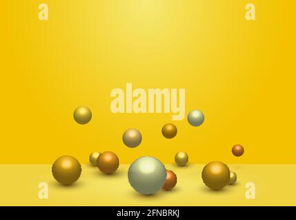 3D dynamic 3d spheres glossy balls on yellow studio room background. Modern trendy banner design template. Vector illustration Stock Vector