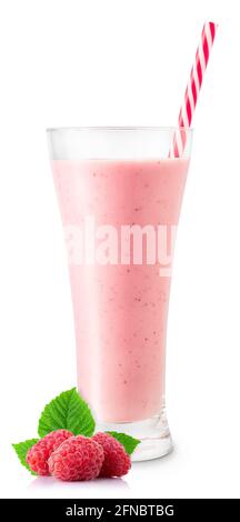 raspberry smoothie with straw in glass isolated on white