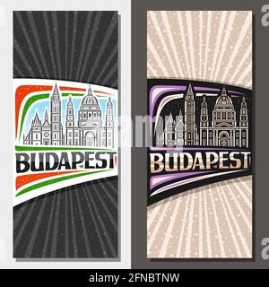 Vector vertical layouts for Budapest, decorative leaflet with outline illustration of budapest city scape on day and dusk sky background, art design t Stock Vector