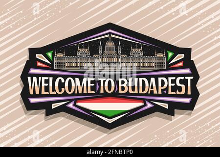 Vector logo for Budapest, dark decorative label with illustration of budapest illuminated city scape on dusk sky background, art design fridge magnet Stock Vector