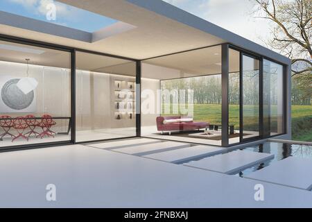 Luxurious villa with swimming pool. External view of a contemporary house. 3d rendering Stock Photo