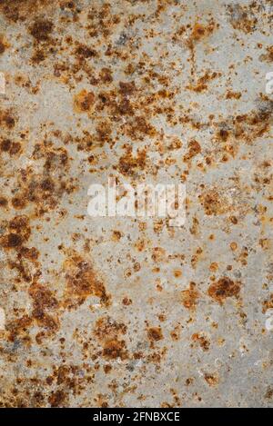 Close up of rust and corrosion forming on zinc plated steel sheet. Mineralisation. Compositing texture, grunge, rust, weathering, aged, vintage. Backg Stock Photo