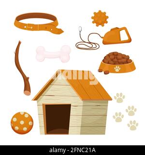 Set of accessories for dogs with kennel, toys, collar different staffs for pet care isolated on white background in cartoon style. Collection of equip Stock Vector