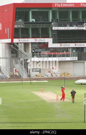 Lancashire County Cricket Club a Batsman shows his skills Press Day for an end of the pre-season photocall at Old Trafford Cricket Club Salford Quays. Stock Photo