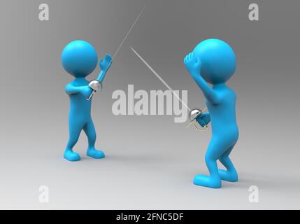 3d rendering of two balloonhead cuties fighting with a sword Stock Photo