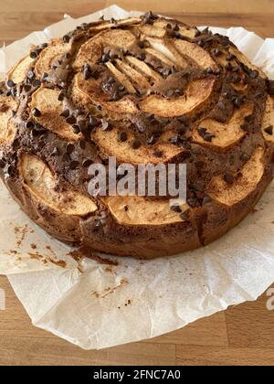 Homemade apple pie with chocolate and apple. Directly above. Stock Photo