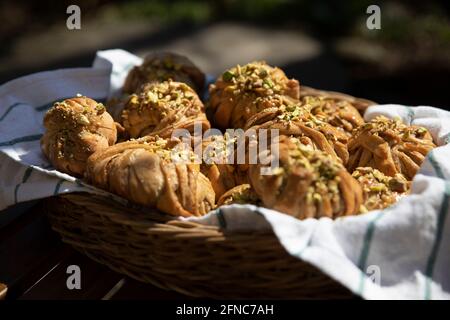 Kanelbullar buns pastry in a basket Stock Photo