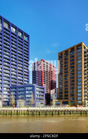 Colourful towers in London City Island residential development in the Leamouth Peninsula, London, UK Stock Photo