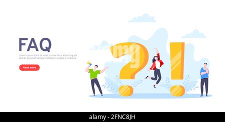Q and A or FAQ concept with tiny people characters, big question and exclamation mark, frequently asked questions template. Stock Vector