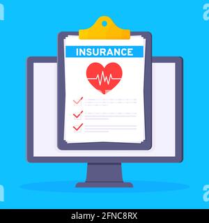Monitor screen with medical insurance claim form on it, paper sheets, pen flat style design vector illustration. Stock Vector