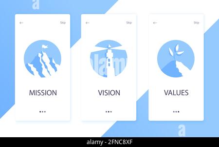 Mission, vision and values flat style design icons signs web concepts vector illustration set. Stock Vector